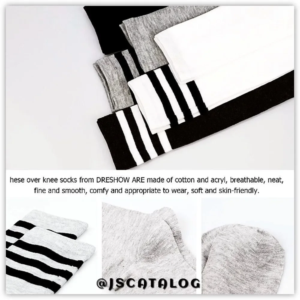 Charcoal w/ White Stripes Cotton Thigh High Socks